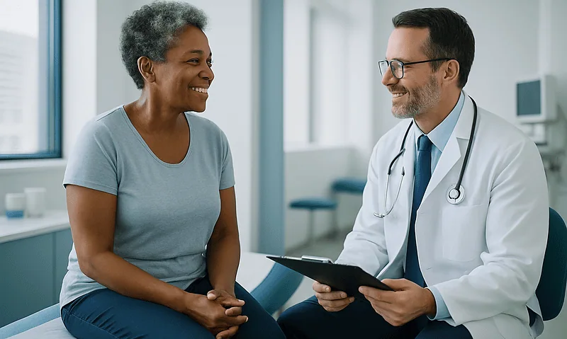 Doctor consulting with a female patient in a medical office.