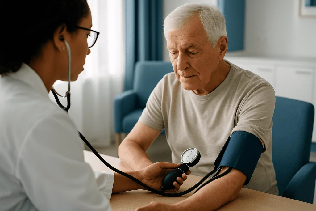 Healthcare provider measuring blood pressure of elderly male patient — What is normal blood pressure for a 70-year-old?