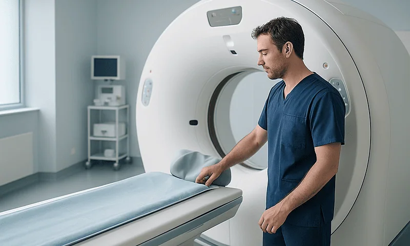 Medical professional prepares MRI scan in a modern hospital room.