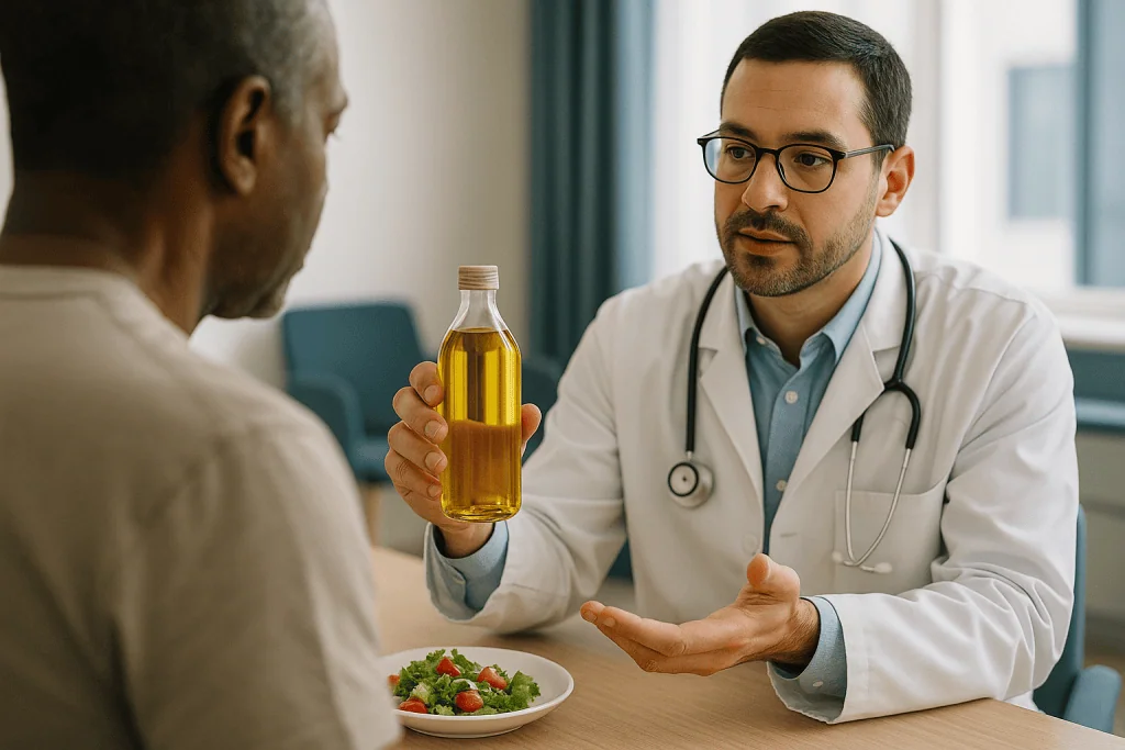 Doctor consulting patient about olive oil and salad — What is omega-6 linoleic acid, and does it really cause inflammation?