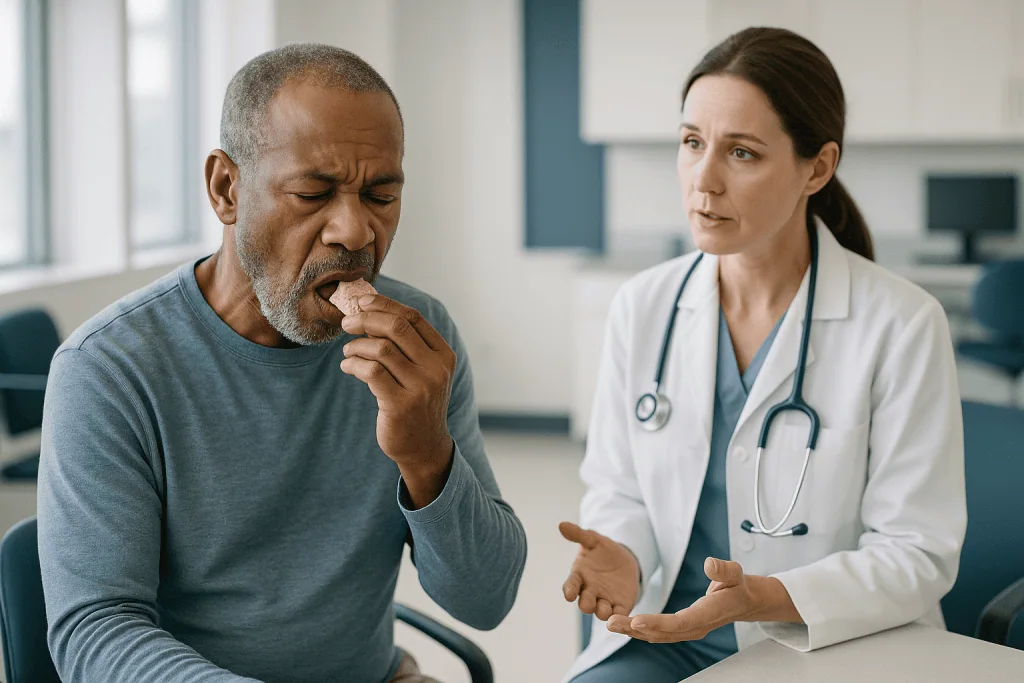 Patient eating food during medical consultation: What is osteoradionecrosis of the jaw, and why does it drive the timing?