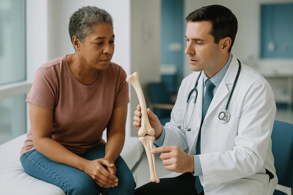 Doctor showing bone model to adult patient in clinic: What is osteotomy surgery?