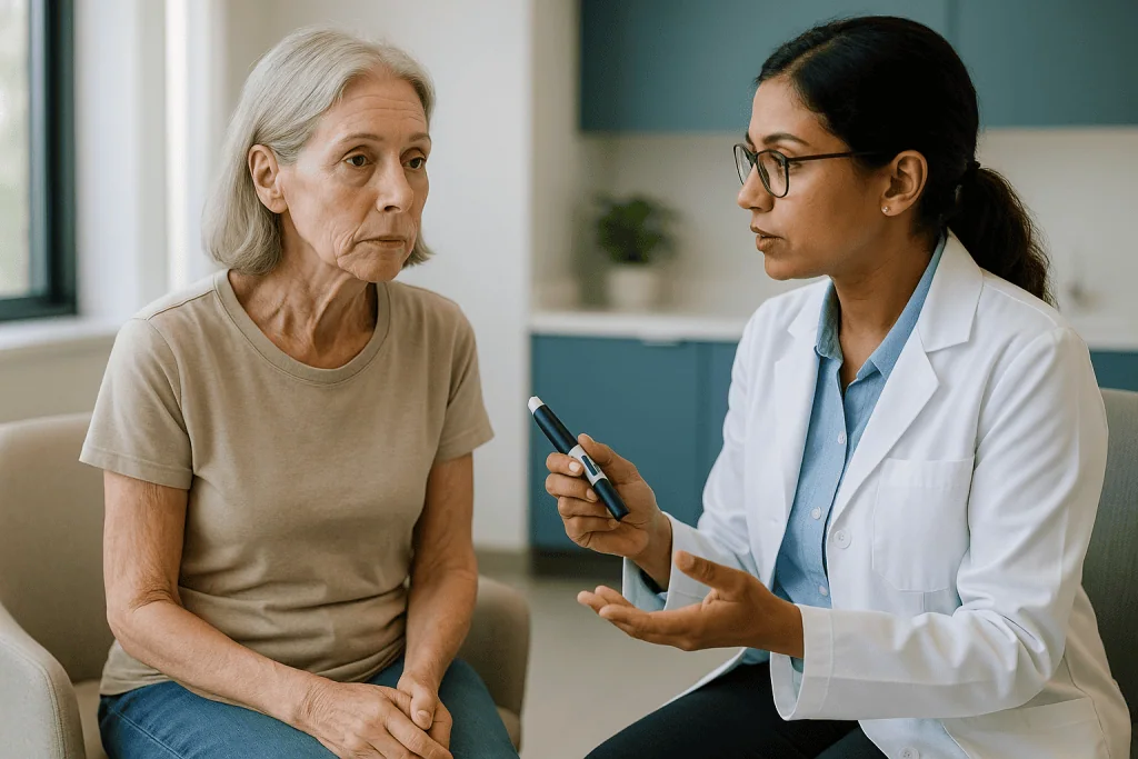 Doctor consulting with older female patient in clinic — What is Ozempic face, exactly?