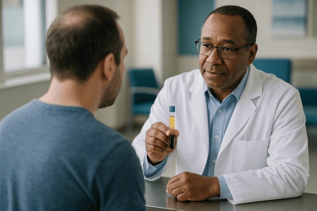 Doctor showing blood sample to patient in consultation: What is platelet-rich plasma, and why would platelets matter for hai