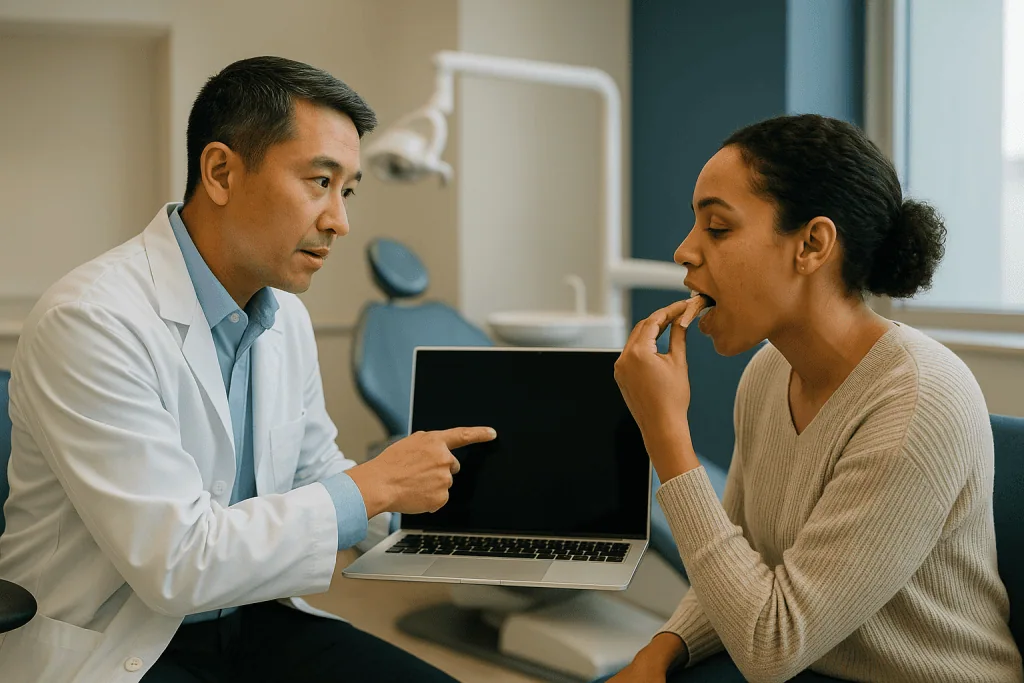 Doctor consulting patient with laptop in dental office: What is “poor man’s cephalometric analysis”?