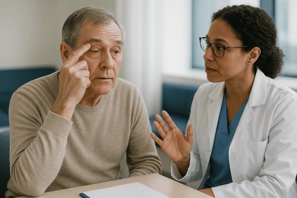 Doctor consulting with older male patient in office: What is ptosis, and how does an eyelid actually lift?