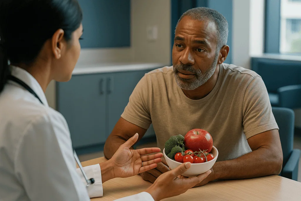 Man and healthcare worker discussing fresh produce and nutrition: What is quercetin, and what does senolytic mean?