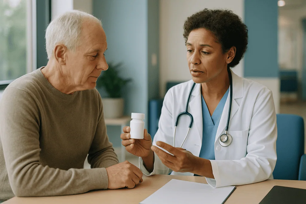 Doctor consulting elderly male patient about medication: What is rapamycin, and how does an mTOR inhibitor work?