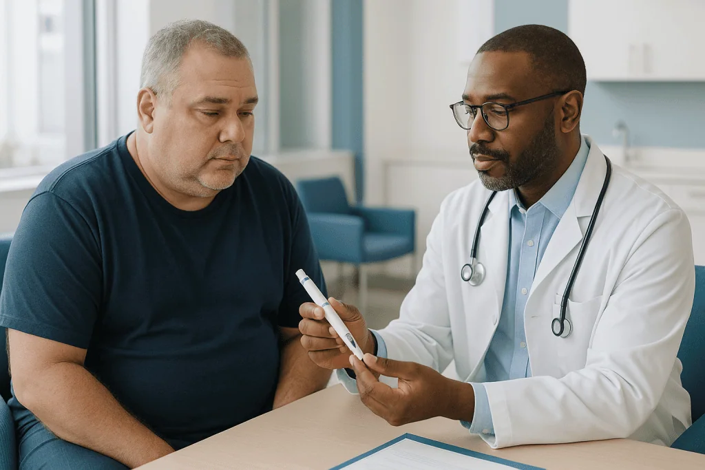 Doctor consulting patient with medical device or pen — What is retatrutide, and what does triple agonist mean?