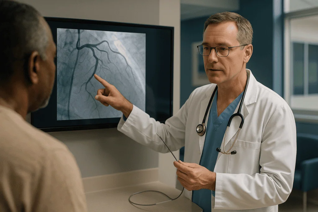 Cardiologist reviewing coronary angiography X-ray with patient: What is retrograde CTO PCI, and how do dissection and re-ent