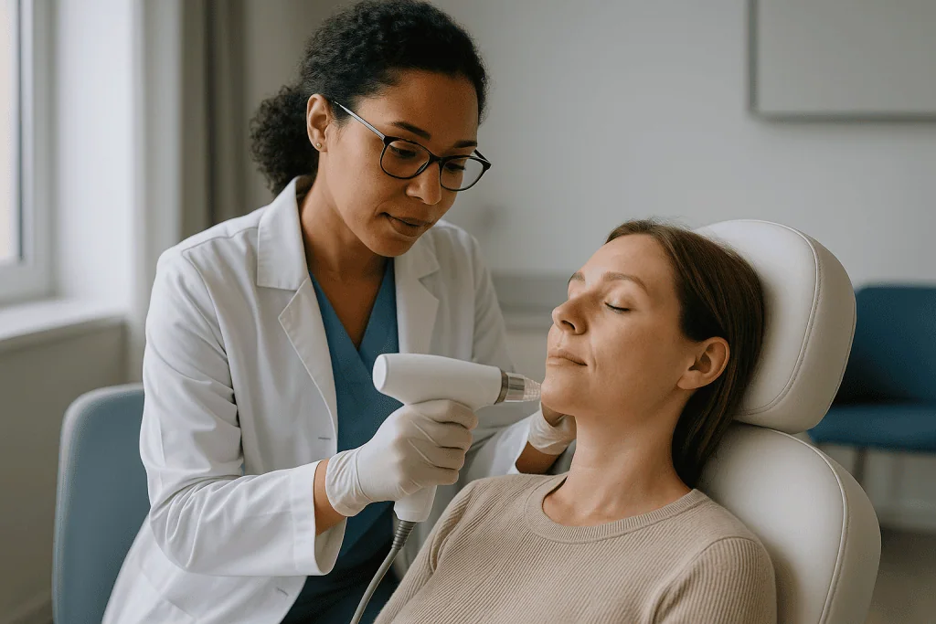 Dermatologist performing RF microneedling treatment on patient — What is RF microneedling, in plain language?