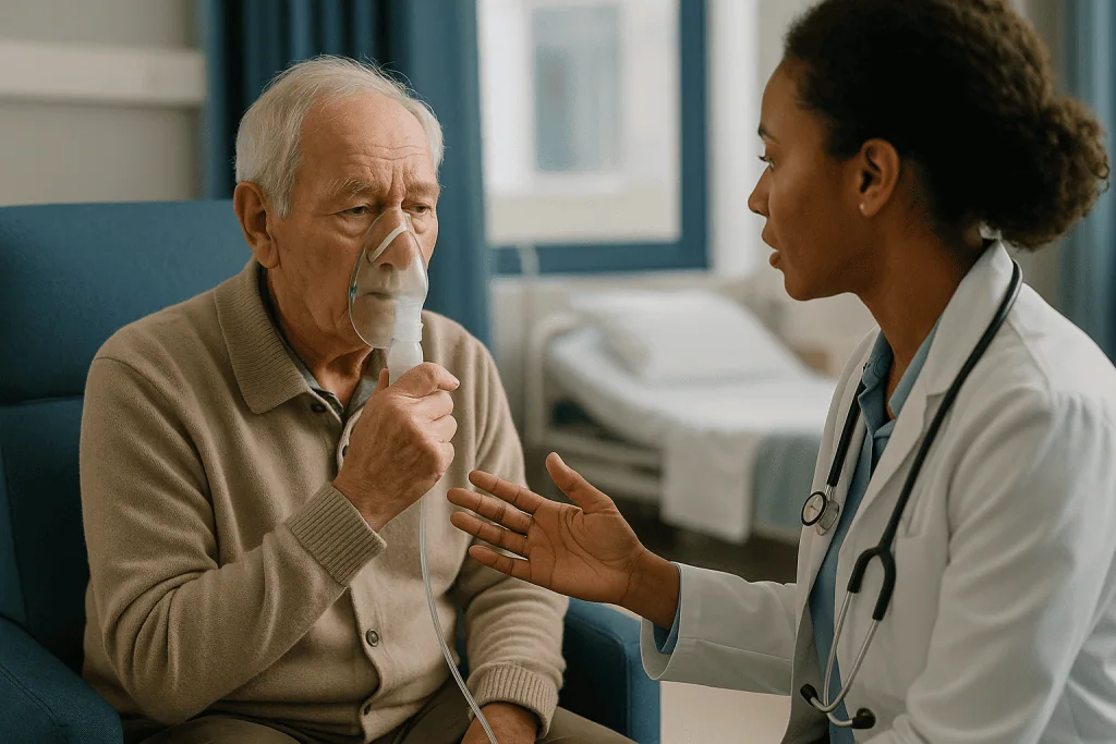 Elderly patient with oxygen mask consulting female doctor — What is RSV, and why does it hit older adults harder?