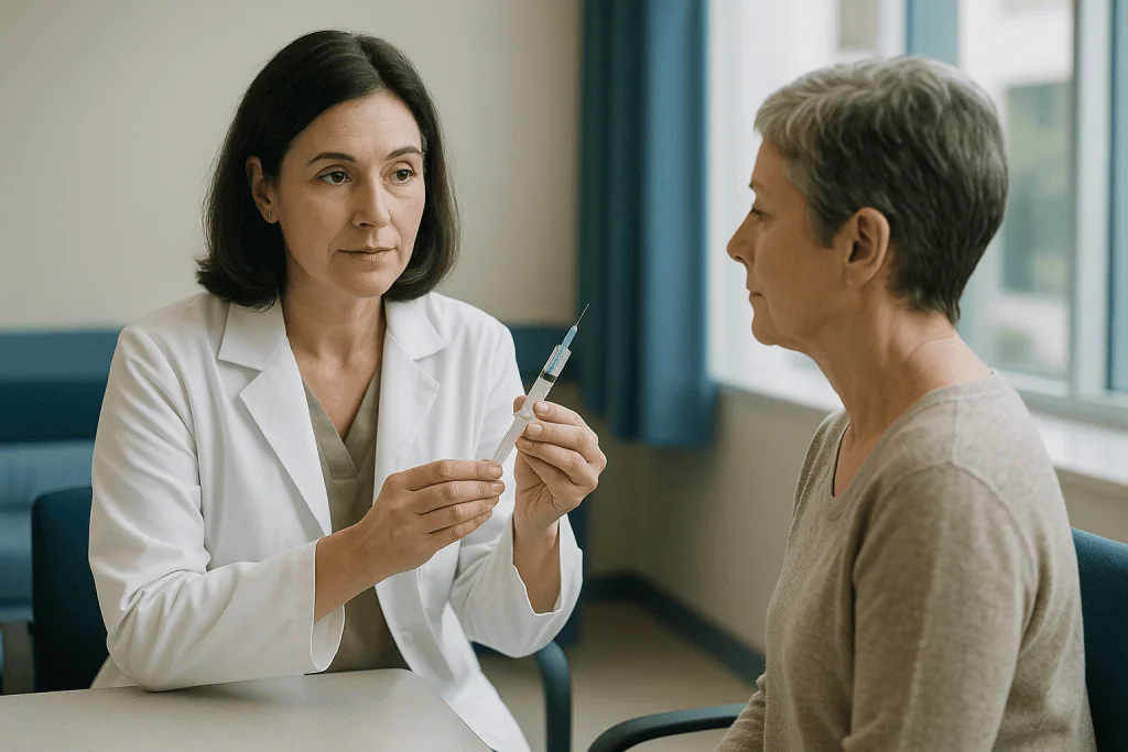 Doctor showing syringe to patient in consultation — What is Sculptra and what is actually in the syringe?