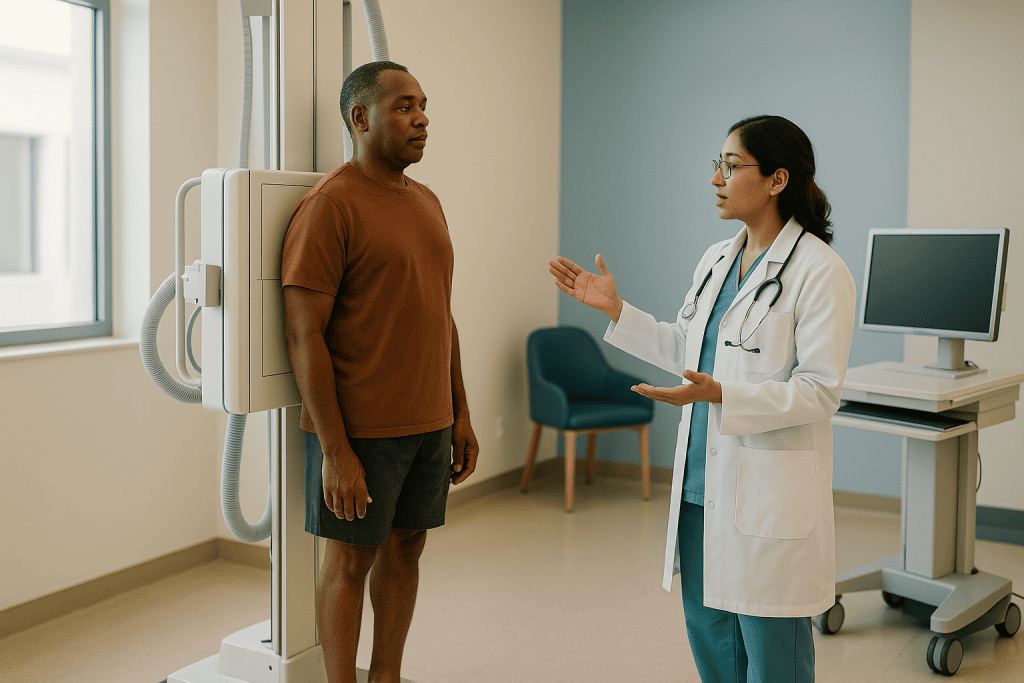 Doctor consulting patient in clinic exam room: What is shape distortion in radiography, and why positioning matters