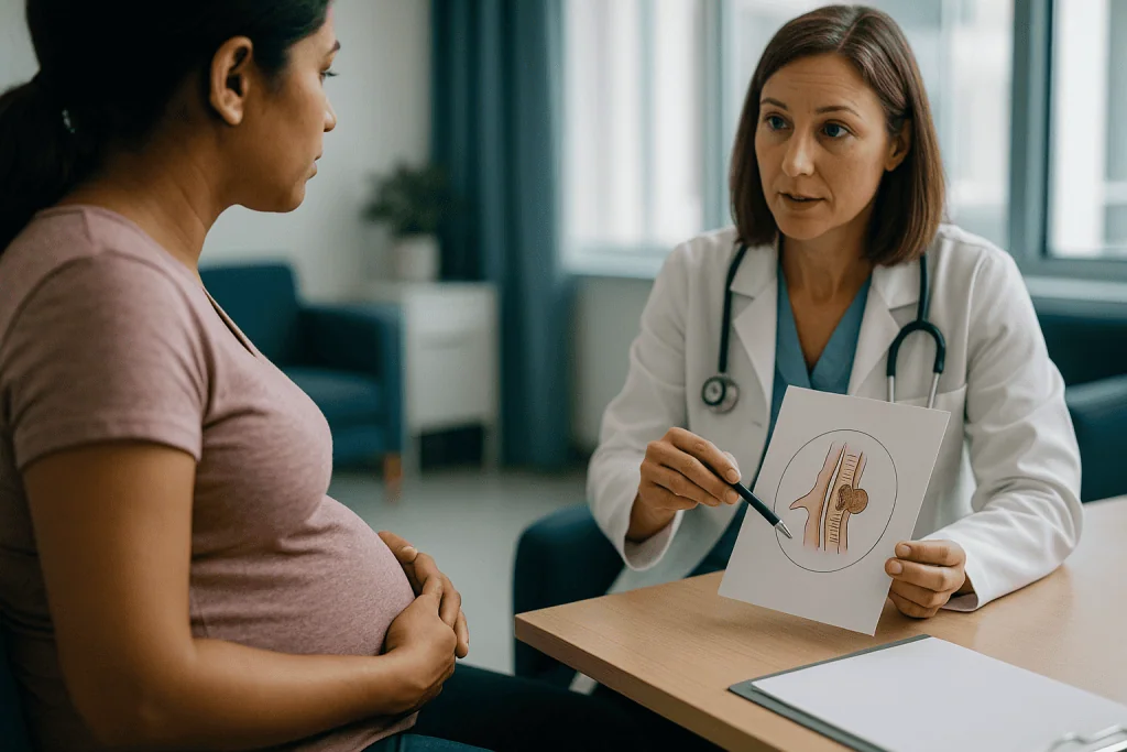 Pregnant patient in consultation with female physician discussing medical diagram: What is spina bifida, and why does the op