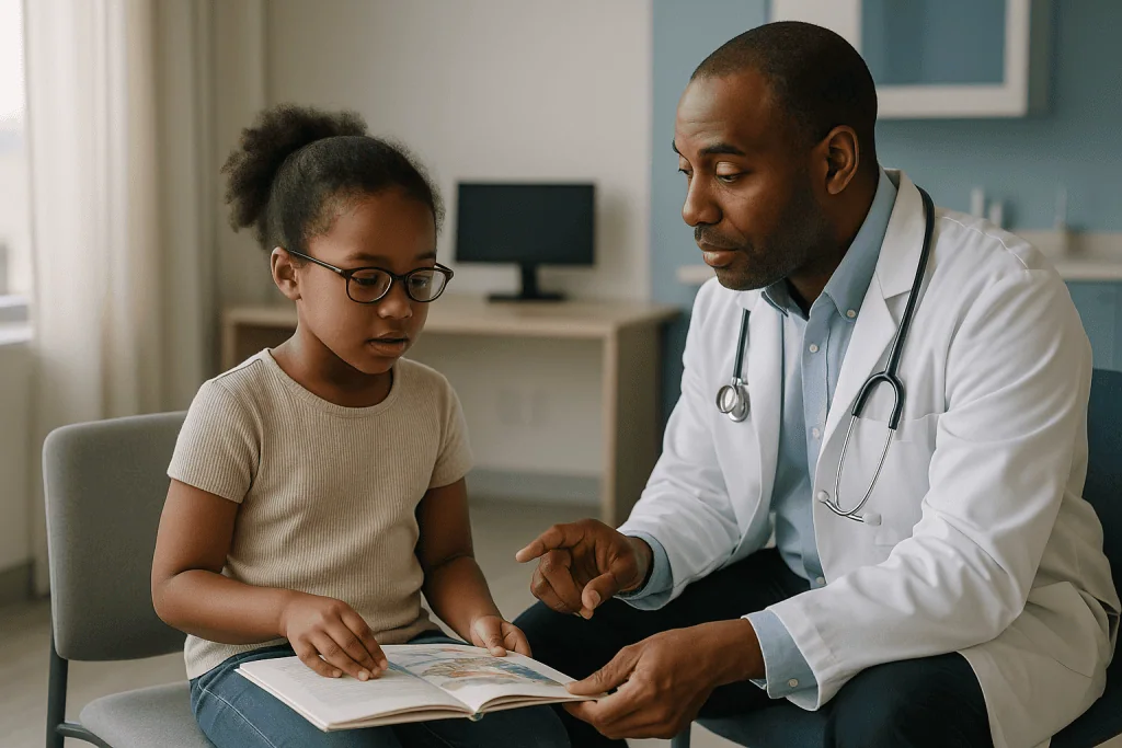 Doctor consulting child with illustrated book in clinic: What is strabismus and why does it matter beyond appearance?