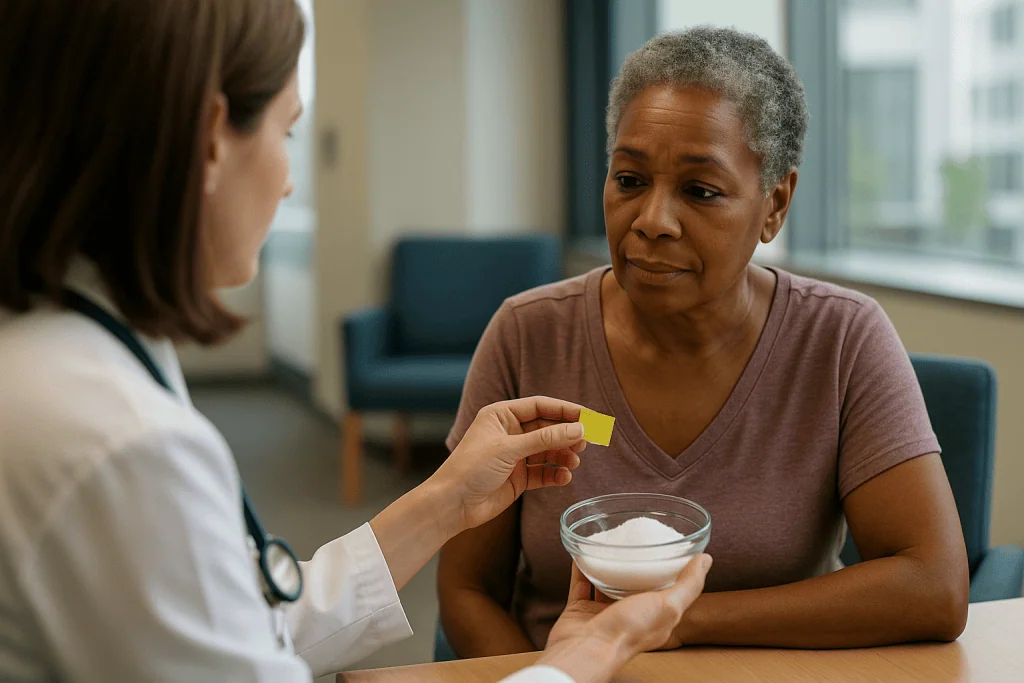 Healthcare provider consulting patient, holding yellow medication: What is sucralose, and how does it differ from stevia and