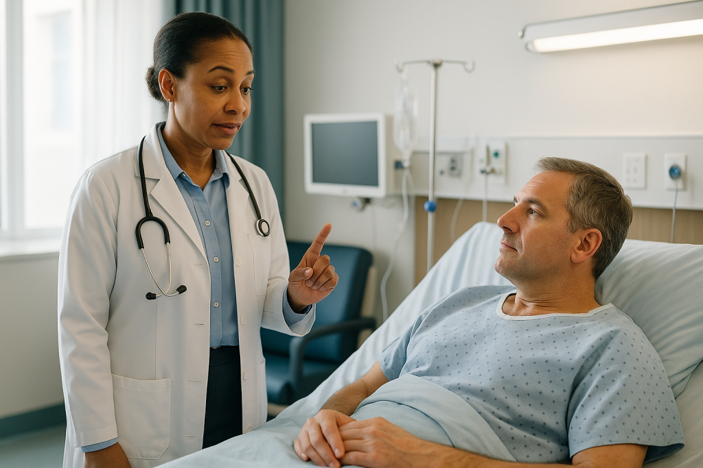 Doctor consulting patient in hospital room: What is test pacing, and why do doctors try to trigger my arrhythmia?