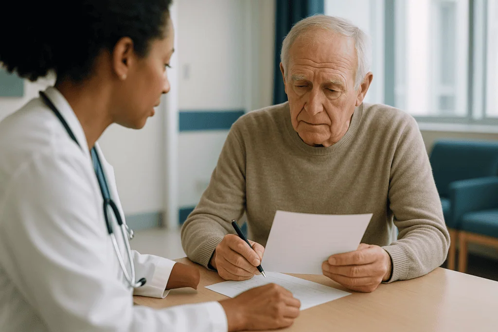 Senior patient consulting with healthcare provider reviewing documents: What is the 10 question cognitive test?