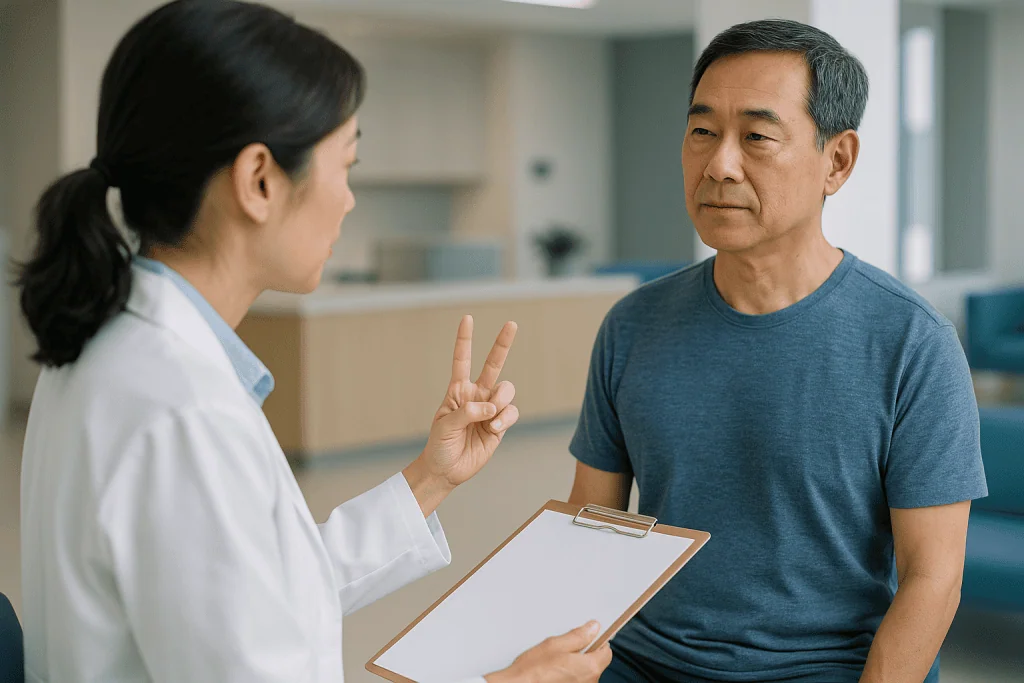 Doctor consulting with patient in medical office — What is the 3-3-3 rule for walking?