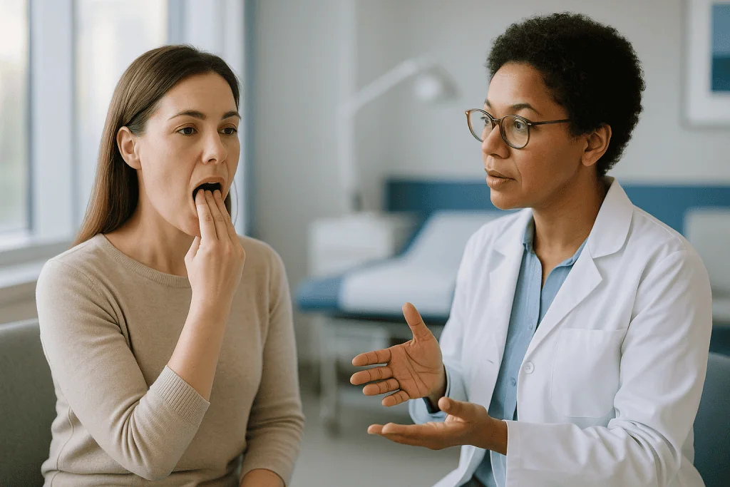 Doctor consulting with patient about jaw or dental concern: What is the 3 finger test for TMJ, and how reliable is it?