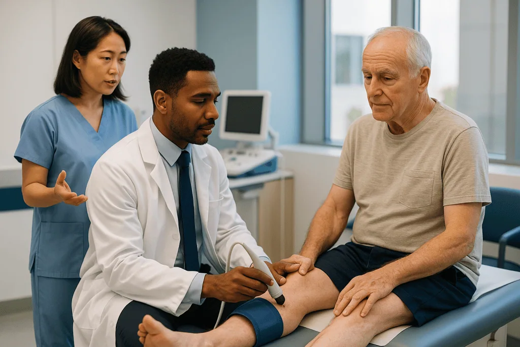 Doctor examining patient's leg during vascular assessment: What is the ankle brachial index test, and why is it usually done