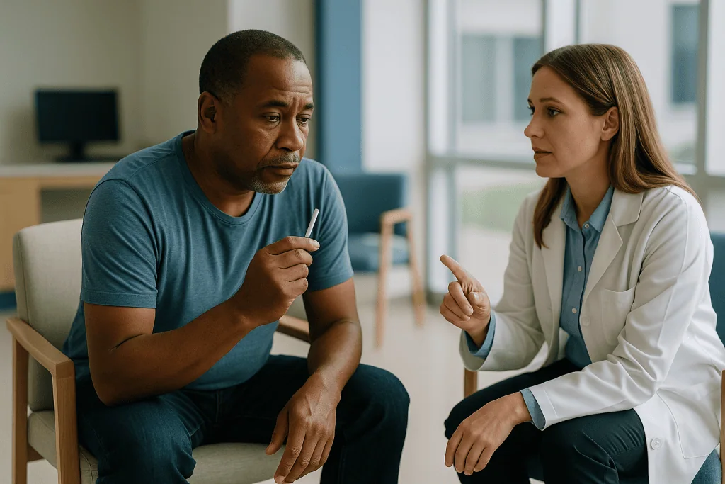 Doctor consulting with male patient in clinical setting: What is the best day to quit smoking?