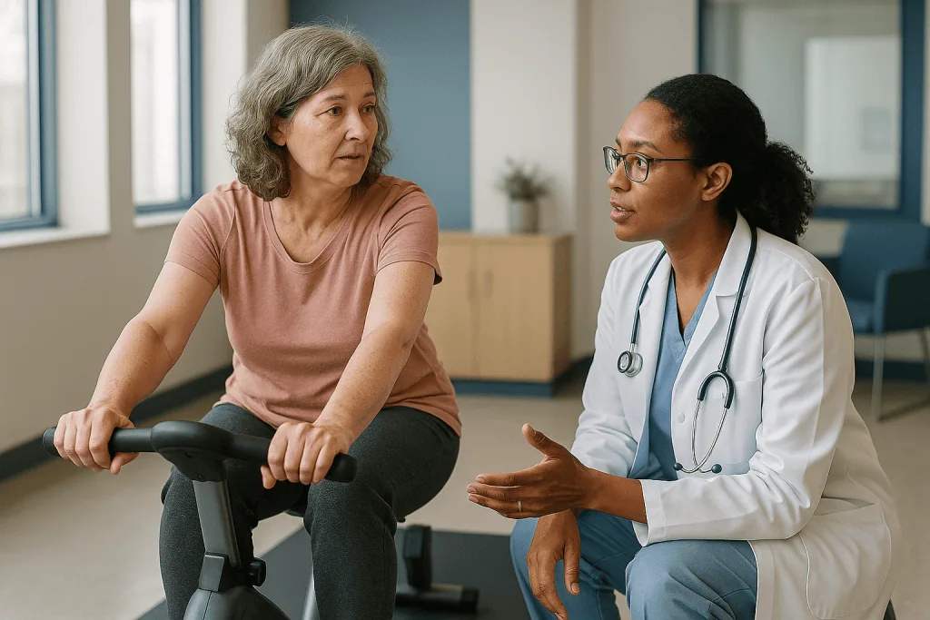 Doctor consulting with middle-aged patient on exercise bike: What is the best form of exercise for fibromyalgia?