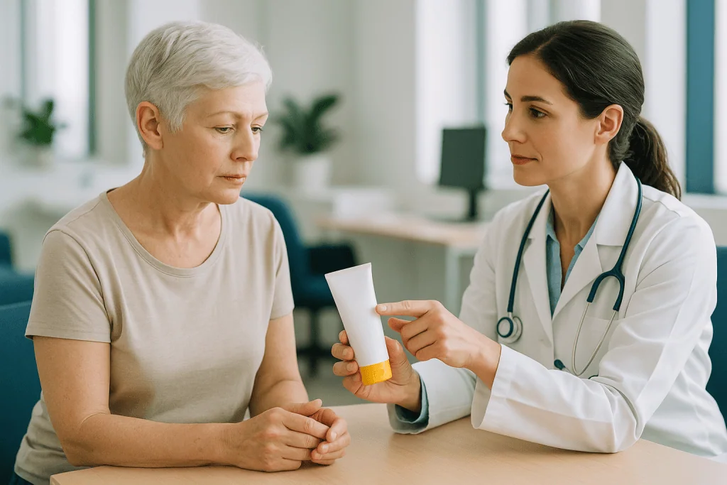 Doctor discussing sunscreen with older female patient: What is the best sunscreen to use after skin cancer?
