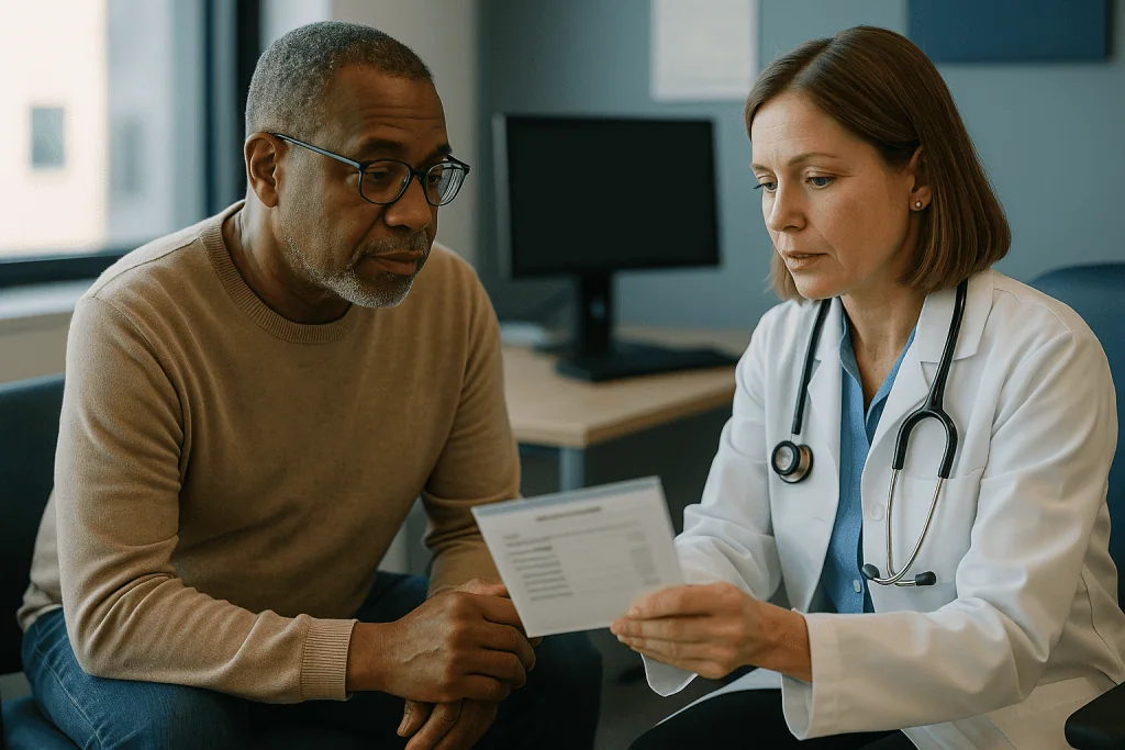 Doctor consulting male patient reviewing medical test results: What is the bnp normal range?
