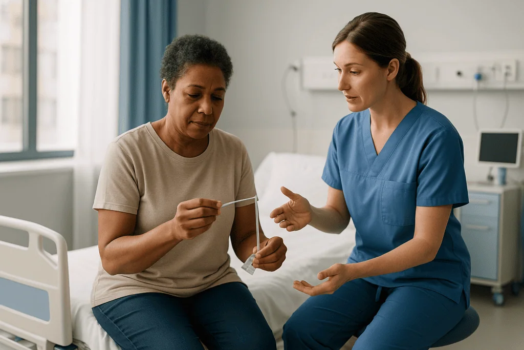 Healthcare provider instructing patient on catheterization procedure: What is the clean technique for intermittent catheteri