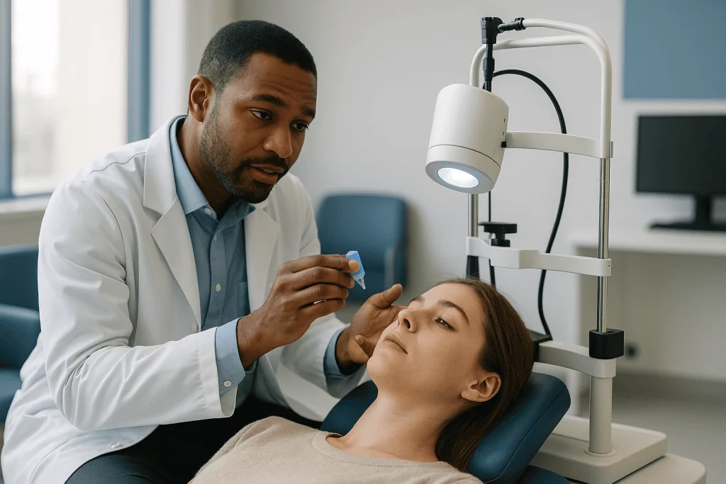 Ophthalmologist examining patient's eye with slit lamp: What is the corneal cross linking procedure, in plain language?