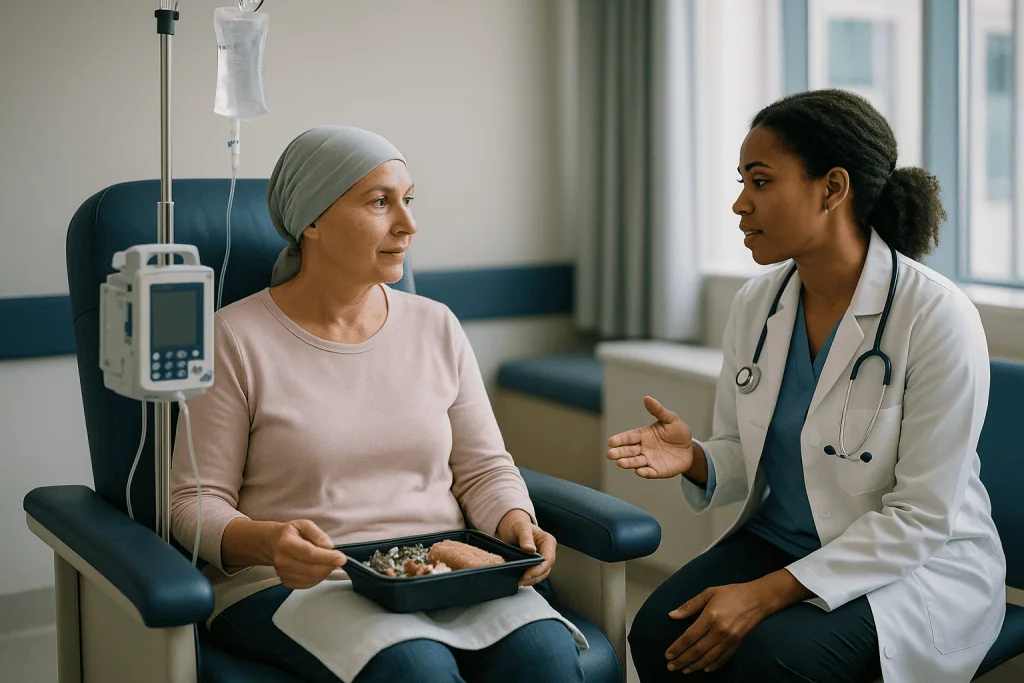 Doctor consulting patient with meal during IV treatment: What is the difference between chemotherapy and targeted therapy in