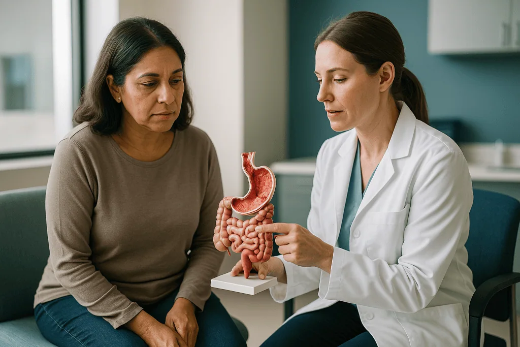 Doctor consulting patient using digestive system model: What is the difference between Crohn's and colitis, anatomically?