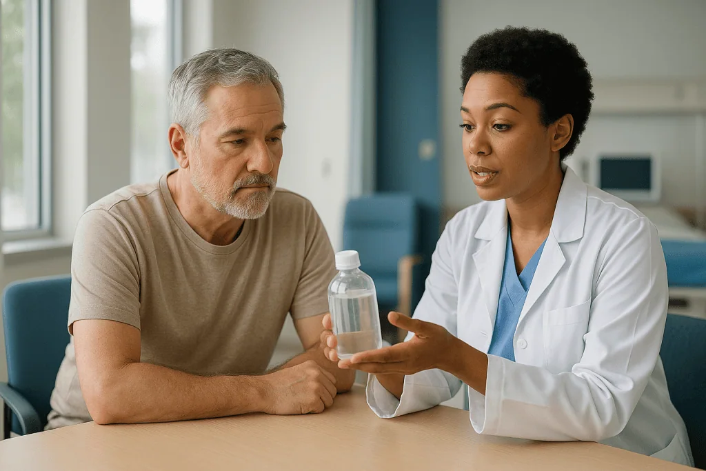 Doctor consulting with patient holding water bottle: What is the 'dye' actually made of, and how does it work?