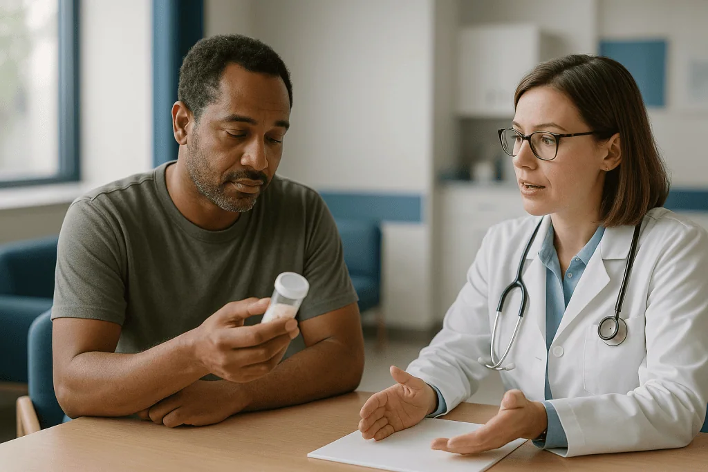 Doctor consulting patient holding medication bottle: What is the first-line treatment for urethritis, and why the cause matt