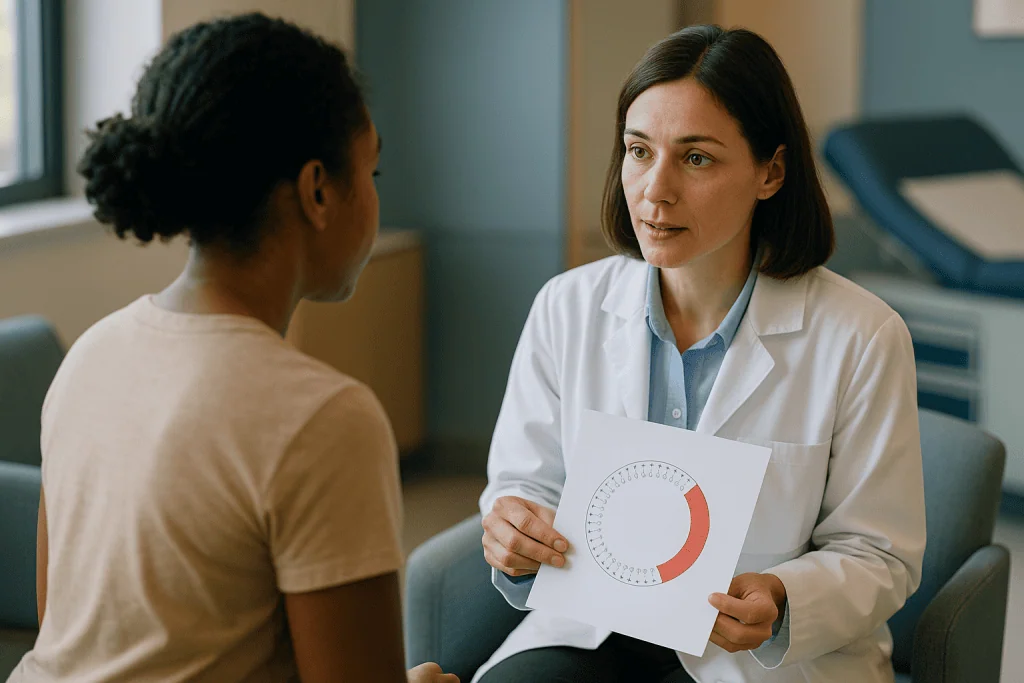Doctor consulting patient with pie chart document: What is the follicular phase, and when does it start?