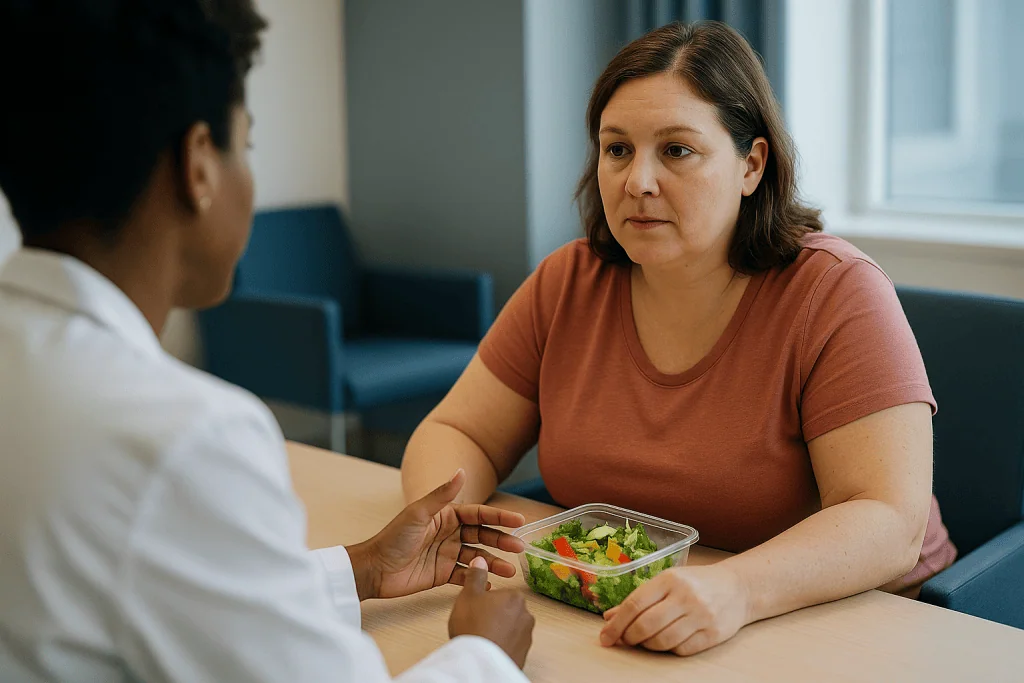Two people discussing nutrition at table with salad: What is the gastric sleeve pre op diet, and what is it for?