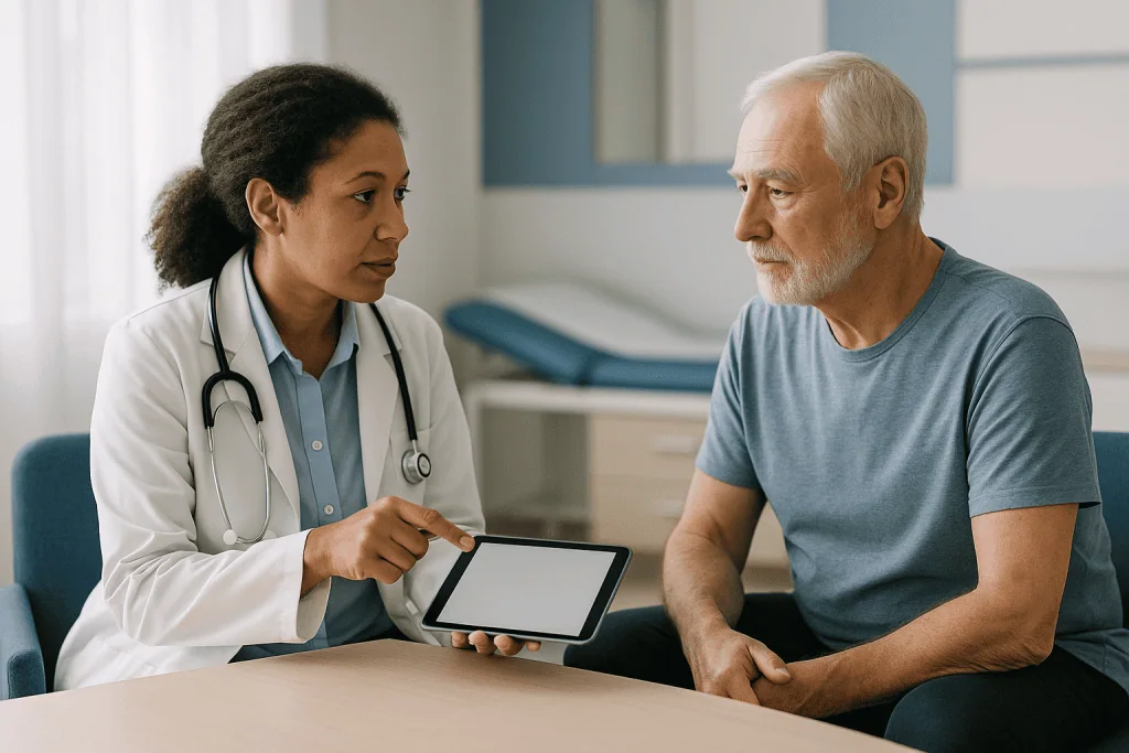 Doctor consulting with senior male patient using tablet: What is the GFR cutoff for CT with contrast?