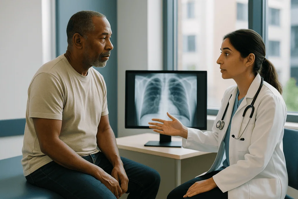 Doctor discussing chest X-ray with male patient in clinic: What is the gold standard for diagnosing pulmonary hypertension?