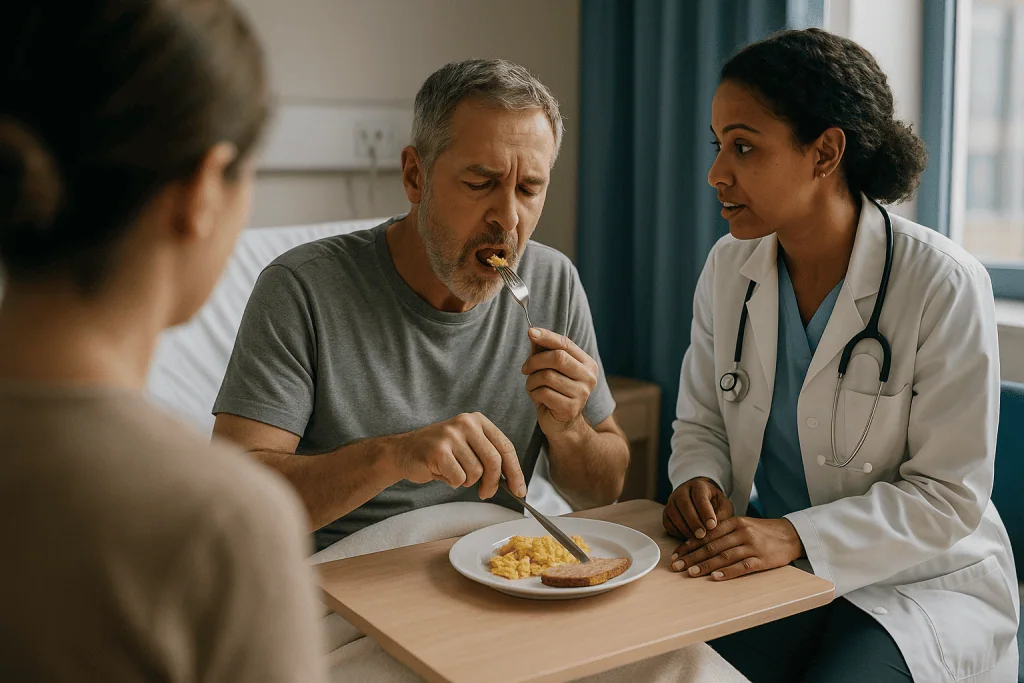 Doctor consulting patient about meal during recovery: What is the hardest day after gallbladder surgery? Usually the first 4