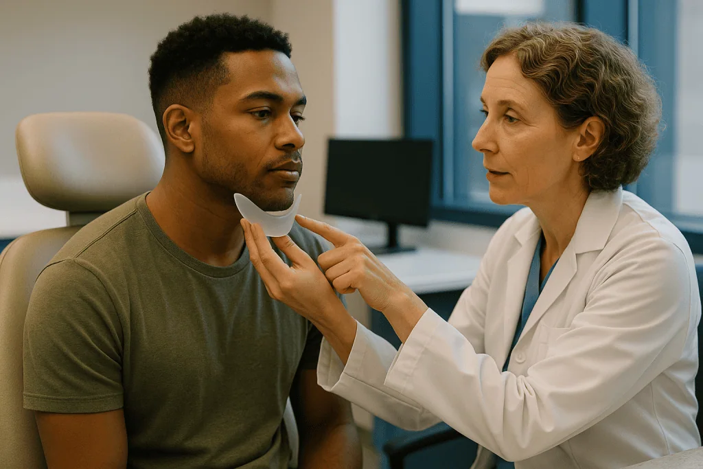 Doctor examining patient's neck and chin area: What is the implant pocket, and why does it matter more than the implant?