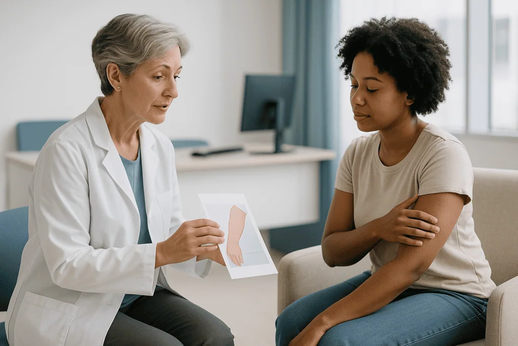 Doctor consulting patient about skin condition: What is the main cause of keratosis pilaris?