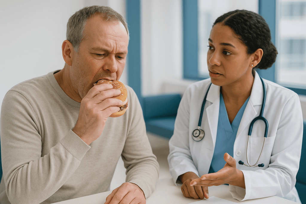 Patient eating burger while doctor advises on nutrition: What is the main cause of peri-implantitis?