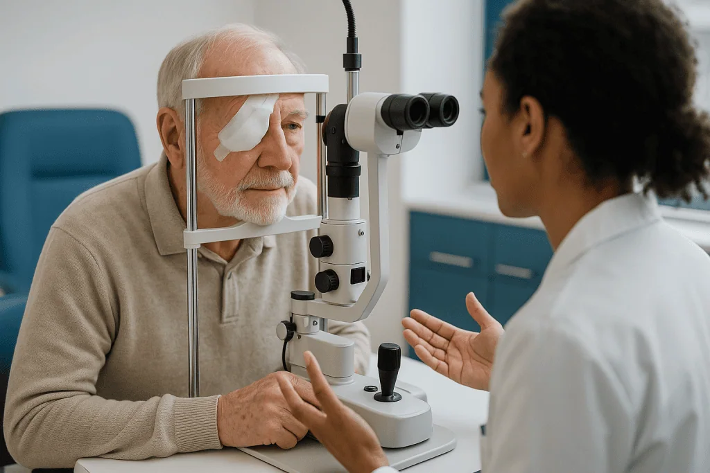 Ophthalmologist examining elderly patient's eye with slit lamp: What is the most common eye surgery for elderly patients?