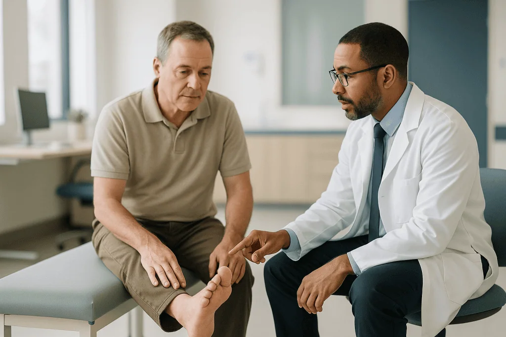 Doctor examining patient's foot during consultation: What is the most common foot deformity?