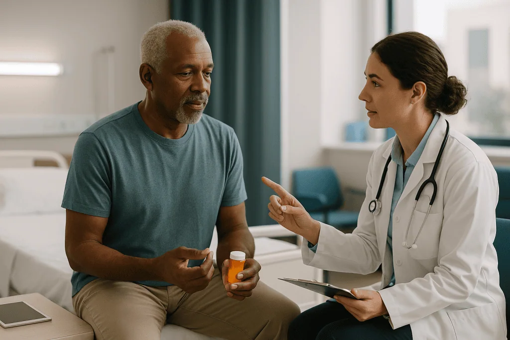 Doctor consulting with patient holding medication bottle: What is the most common treatment for lung abscess?