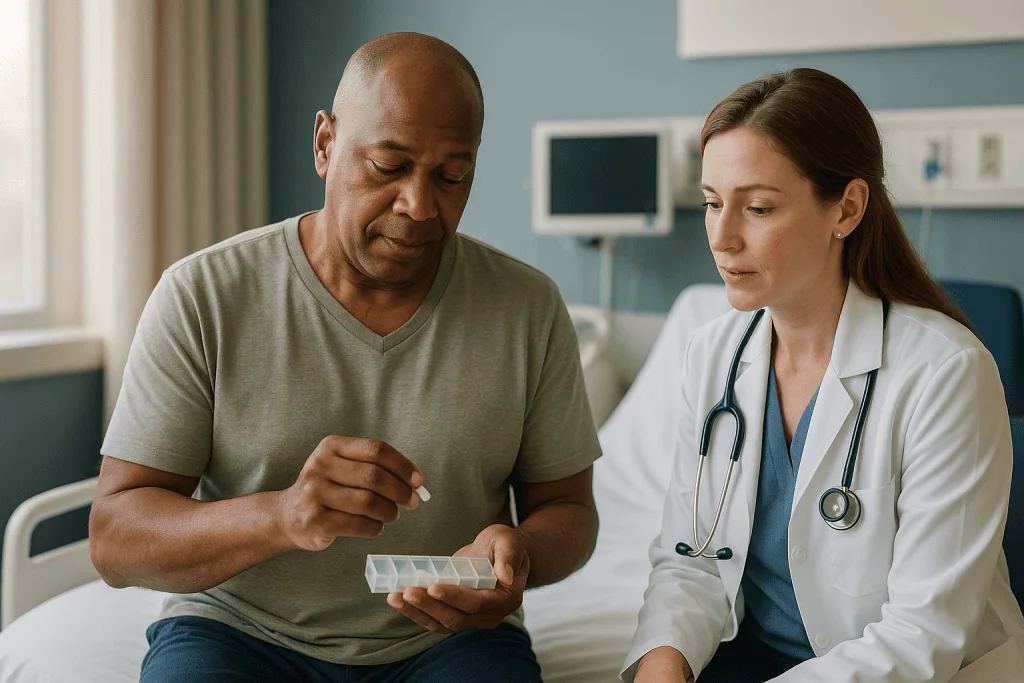Doctor consulting patient about medication in clinical setting: What is the most critical time after a heart transplant?