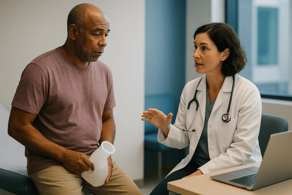 Doctor consulting with male patient in clinical office: What is the normal maximum flow rate for uroflowmetry, and why one c