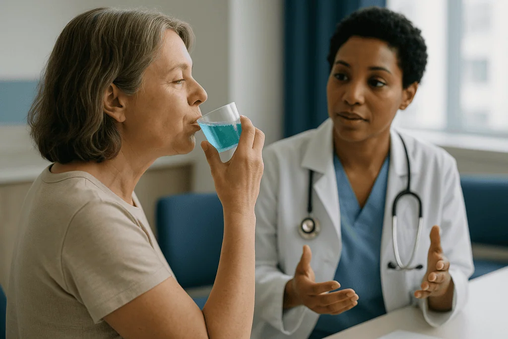 Patient drinking blue liquid during medical consultation: What is the oral microbiome, and why does a rinse affect it?